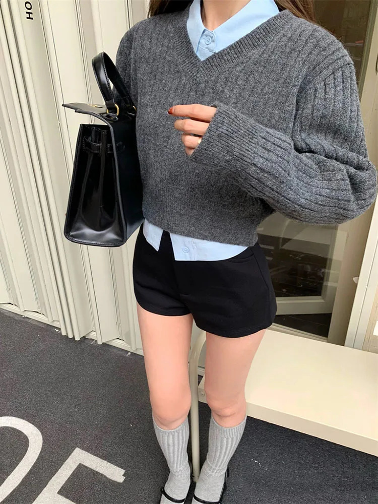 Basic Grey Cropped Sweater Women Vintage Korean Style Slim Gray Long Sleeve Knit Jumper Female Preppy Fashion 240812