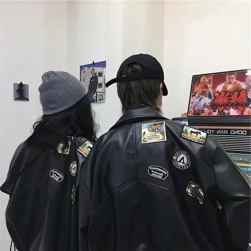 European and American street PU leather jacket trend loose fit suitable for motorcycle clothing womens pilot couple 240812