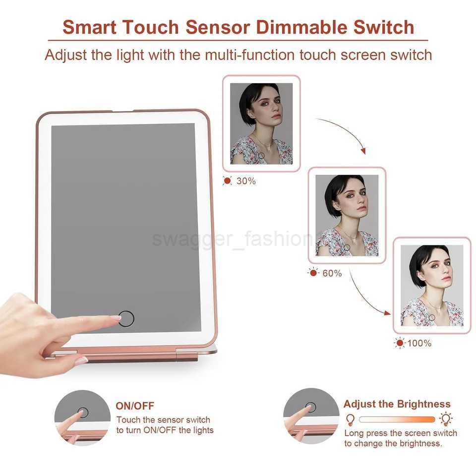LED Travel Makeup Mirror 3 Colors Light USB Rechargeable Touch Screen Cute Portable Tabletop Cosmetic Mirror Ins PINK BeautifulXJ240813