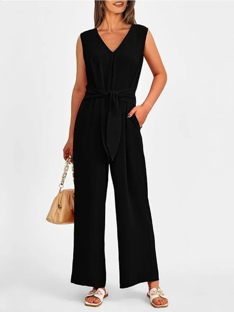 Womens Fashionable and Elegant Style Solid Color Womens Clothing Elegant V-neck Wide Leg Jumpsuit Sleeveless Jumpsuit 240813