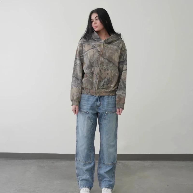 Y2K Retro zip up Hoodie Men Camouflage Pattern zipper Sweatshirt High Street Hip Hop Streetwear Oversized Unisex Camo y240826