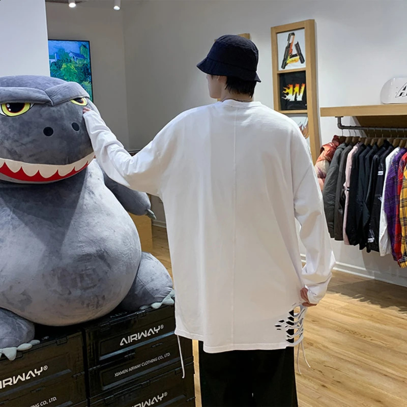 Men Long Sleeve T-shirts Ripped Clothes Simply Streetwear Handsome Solid All-match Cool Hip Hop Ulzzang Teens Male Fashion 240812