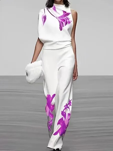 Fashion Street Print Two Piece Set For Women Spring Summer Sleeveless Top And Pants Outfits Office Elegant Autumn Suits 240813