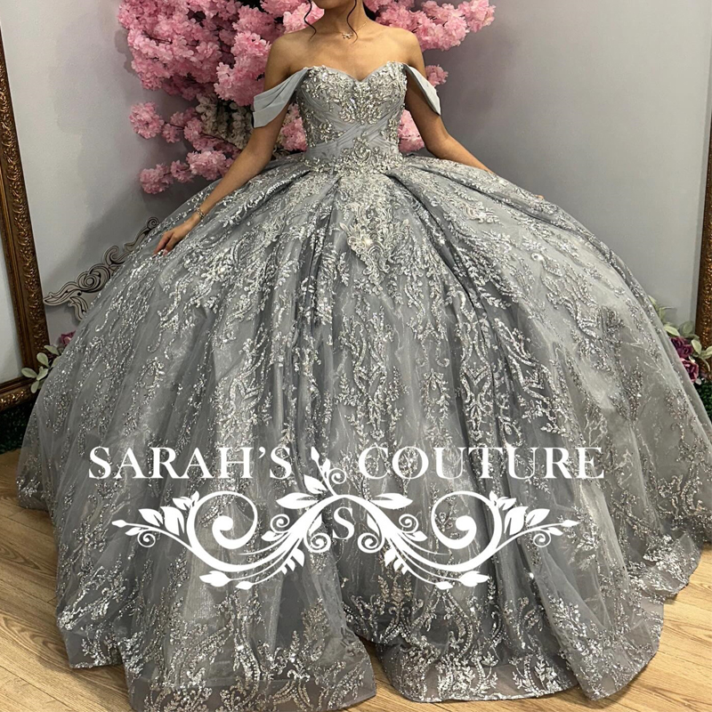 Grey Glitter Quinceanera Sweetheart Off Shoulder Appliques Lace Beads Tull Sweet Dress Vestidos De Anos D