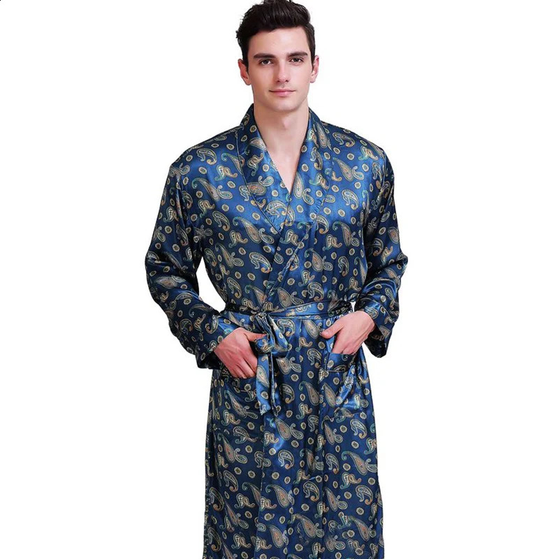 Mens Silk Satin Robes Bathrobe Nightgown Pajamas Sleepwear S ~ 3XL 240812