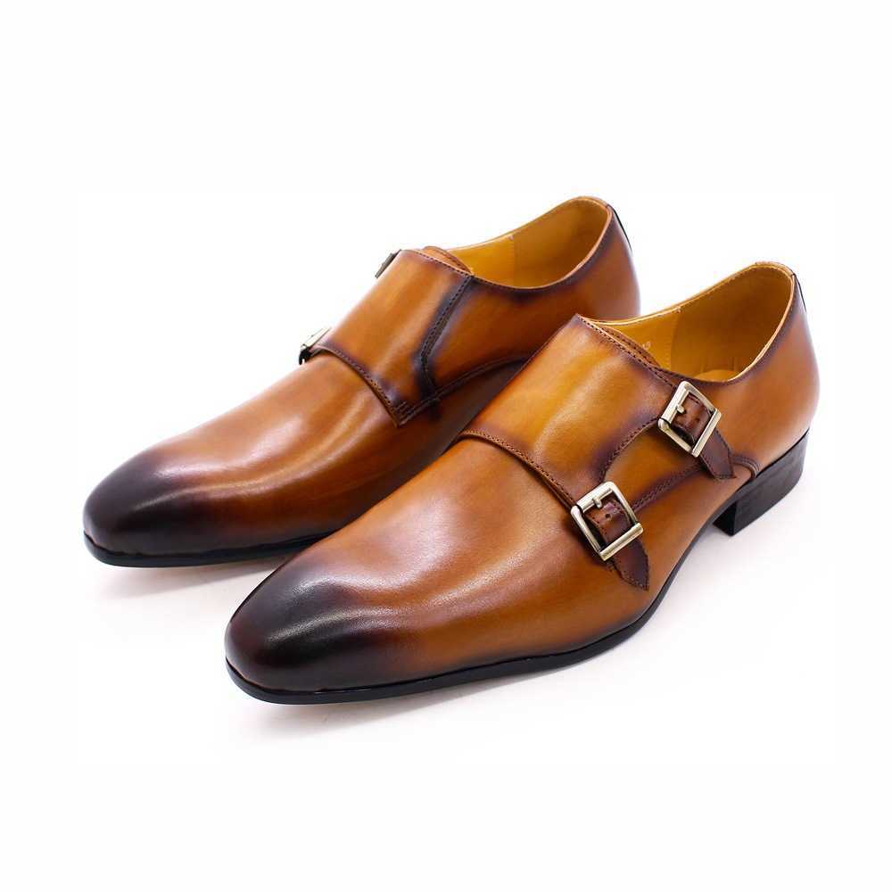 CMM Mens Leather Shoes Leather Buckle Monks Shoes Business Dress Shoes Brown Black Pointed Handmade Leather Shoes Men