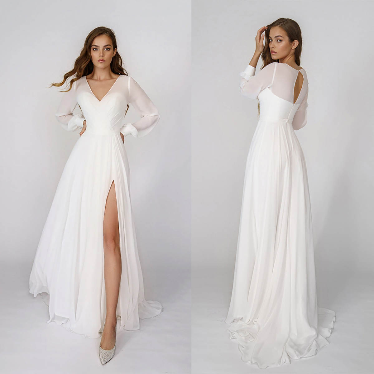 Simple A Line Wedding Dresses Sheer V Neck Long Sleeve Bridal Gown High Split Ruched Tulle Bride Dresses Castle Garden