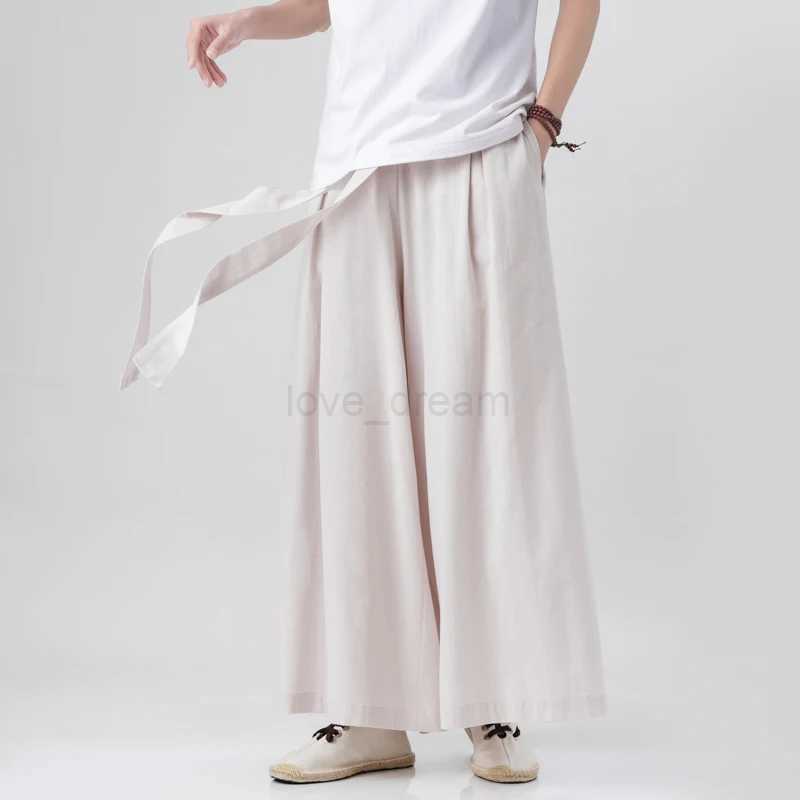Chinese Style Linen Cotton Retro Pants Man Summer Kimono Solid Color Traditional Pants Male Streetwear Casual Wide-Leg TrousersXJ240813