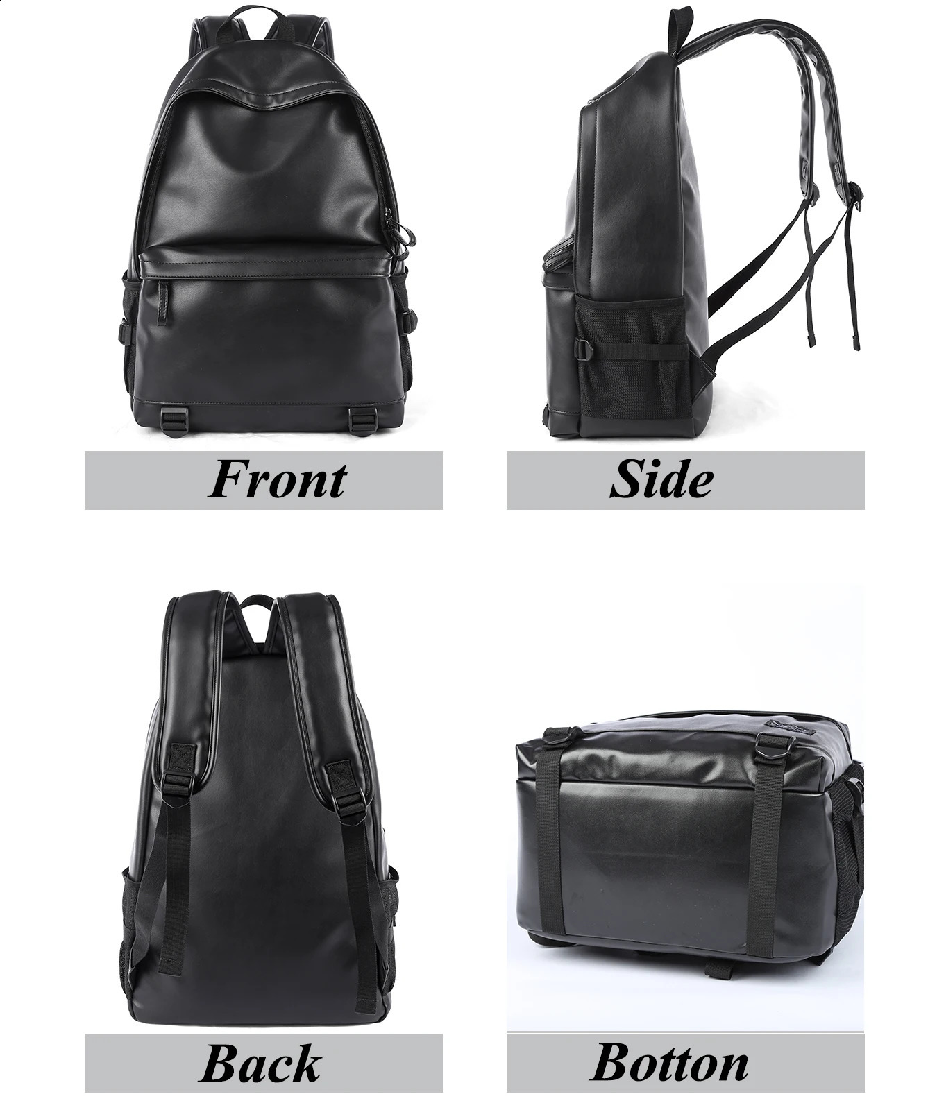 Black leather mens business travel backpack waterproof Daypack PU 16 inch laptop 240813