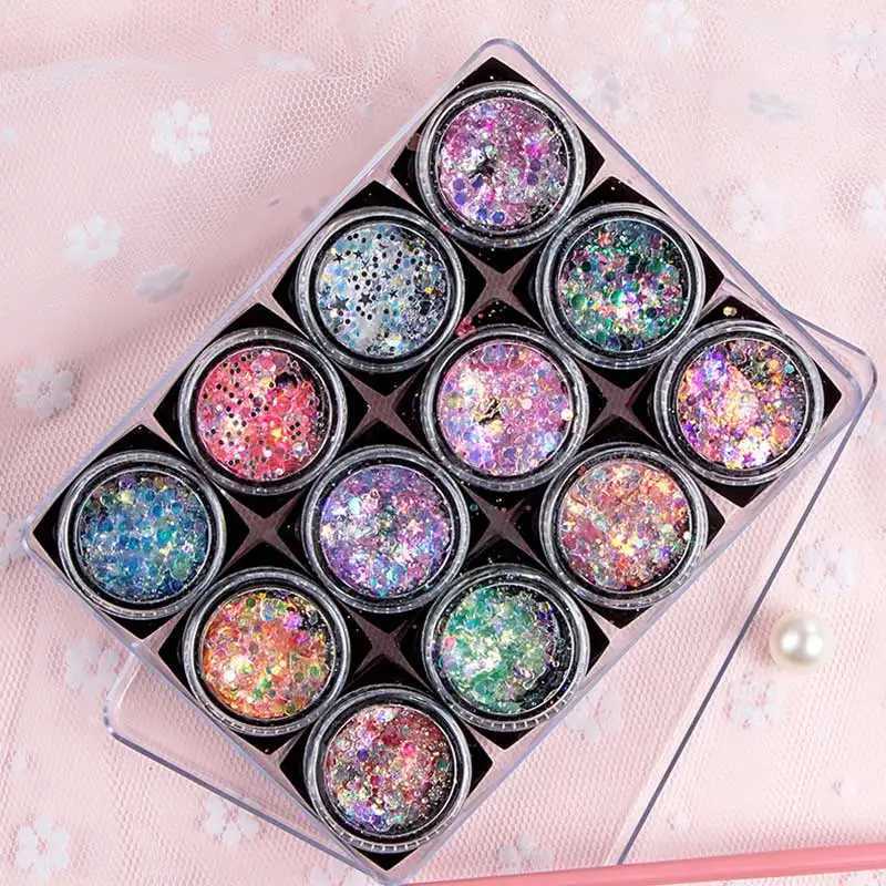 12 pieces/set Body/face/eye makeup glitter gel eye shadow cream star/moon/hexagonal nail sequins gel Halloween party makeup 6 pieces W240812