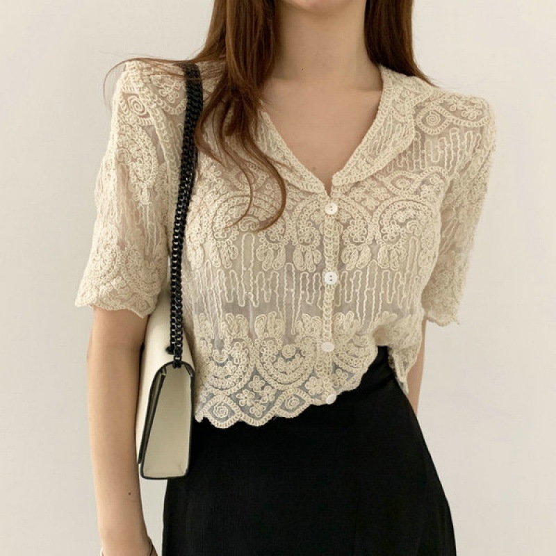 Korean embroiderycrochet flower bloom, lace top women s summer hollowed out small lapel short sleeved shirt trend