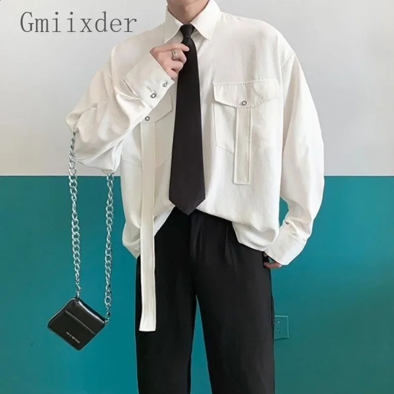 Gmiixder product long sleeved mens tie Kpop shirt Korean streetwear Versatile motorcycle pocket striped jacket 240812