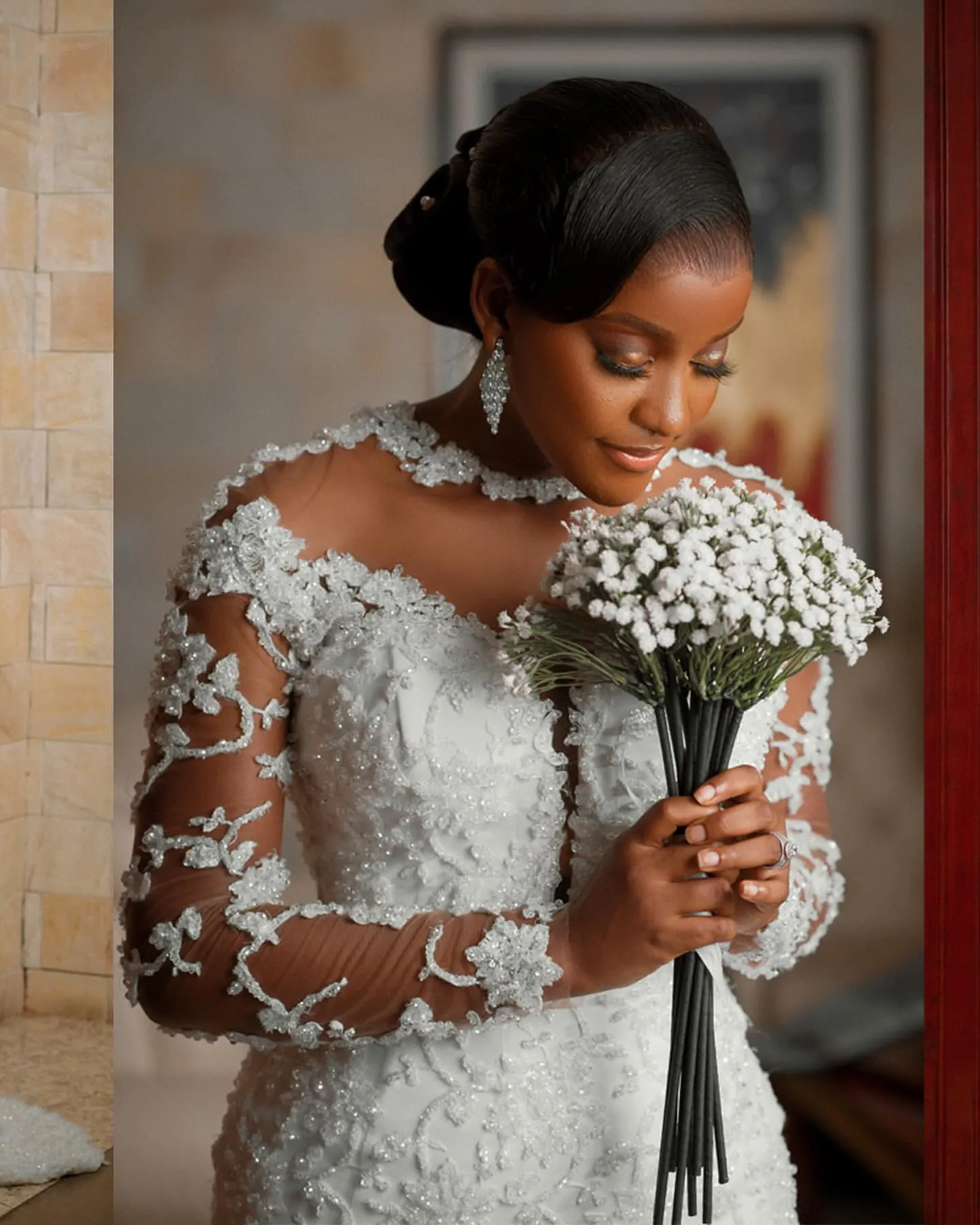 Ivory Lace Mermaid Wedding Dress With Sheer Neck & Long Sleeves - Plus Size Bridal Gown