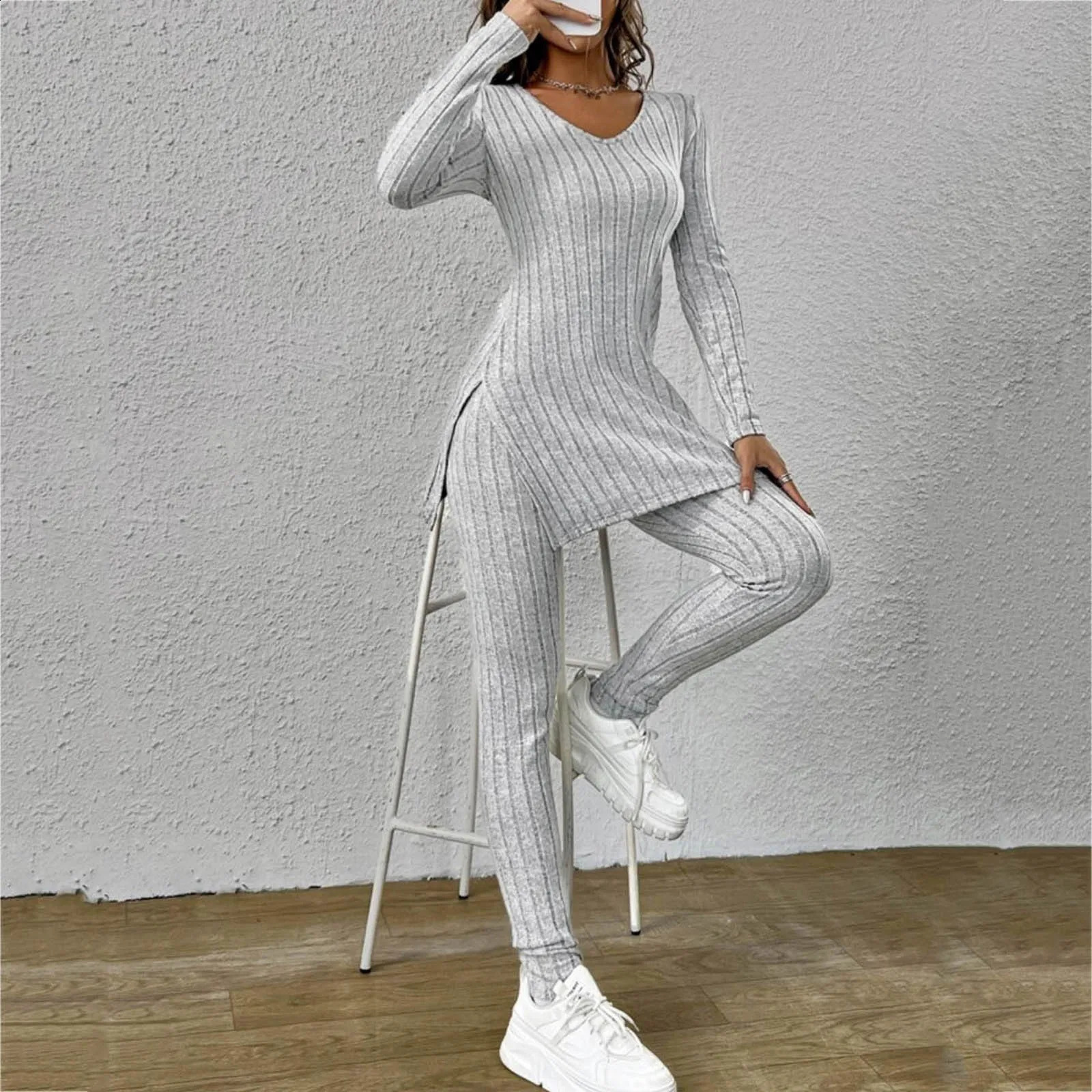 Spring Fashion Knit Suits 2024 Casual Loose PulloverElastic Long Pants Print Knitted Solid Color Two Pieces Sets Clothing 240813
