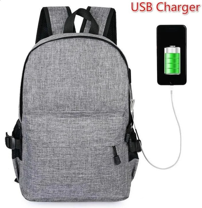Fashion BlackGrey Mens Laptop Backpack Travel School with USB Charging Port 240813