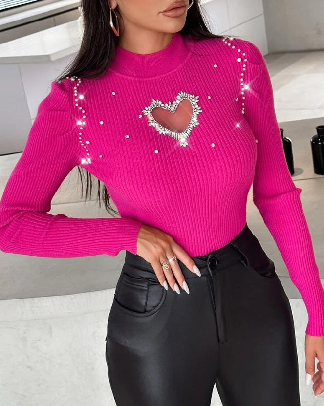 Tops for Women Winter Blouse Casual Solid Color Rhinestone Hollow Heart Knit Long Sleeve Pullover Skinny Sweater for Women 240813