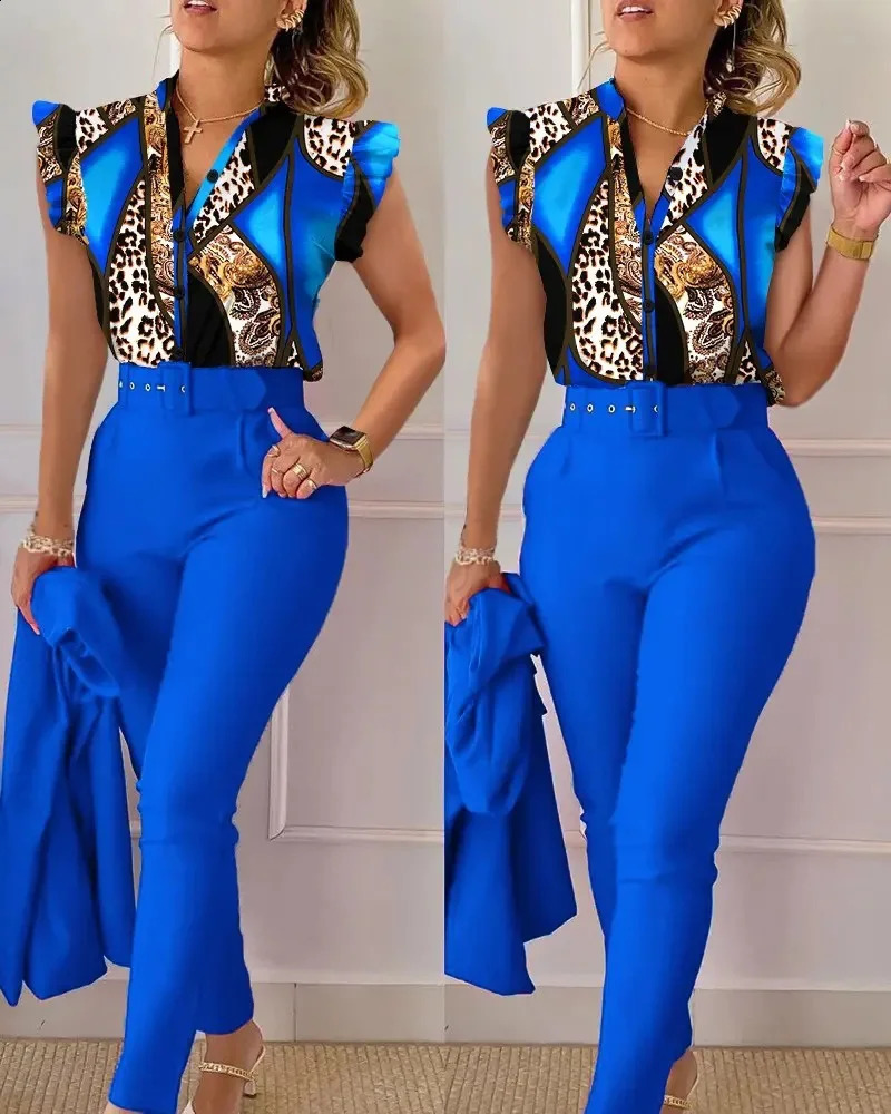 Elegant Print Shirt And Pants Two Piece Sets Women Pants Spring Autumn Fashion Long Sleeve Shirts High Waist Pant Casual Suits 240813