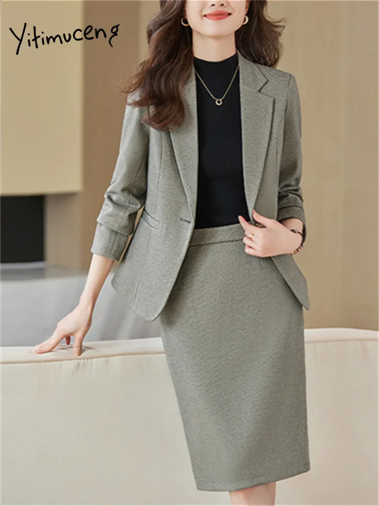 Yitimuceng Office Womens Two Piece Set Jacket Single Chest Ultra Thin Collar Solid Casual 240812