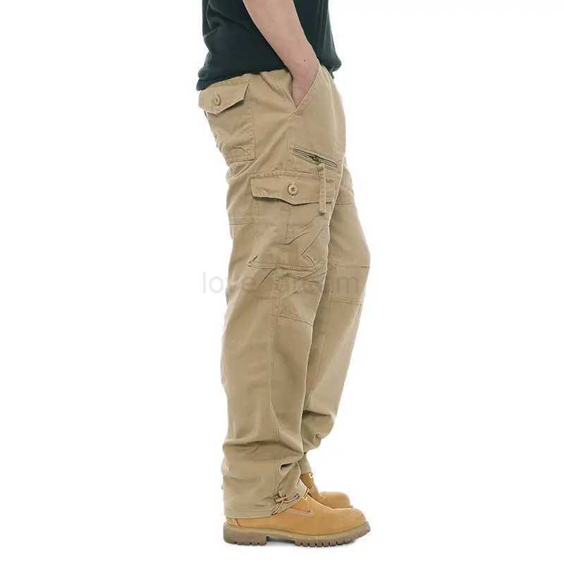 Mens Casual Cargo Pants Zipper Multi-Pocket Tactical Army Straight Loose Trousers Male Overalls Elastic Waist PantsXJ240813