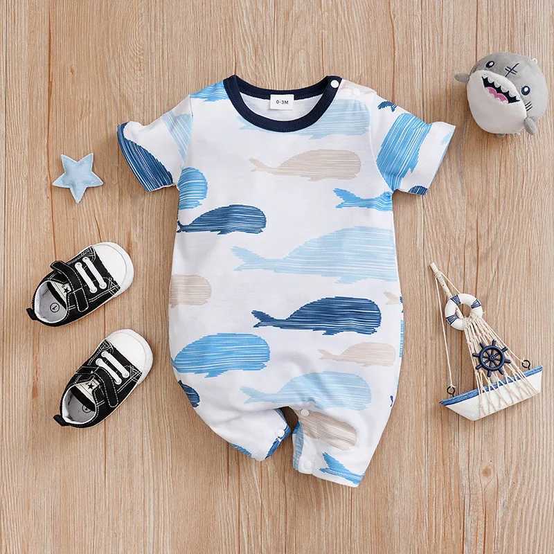 Summer Newborn short sleep jumpsuit 0-36M cute whale round neck simple style comfortable and breathable suitable for boys and girls W240812