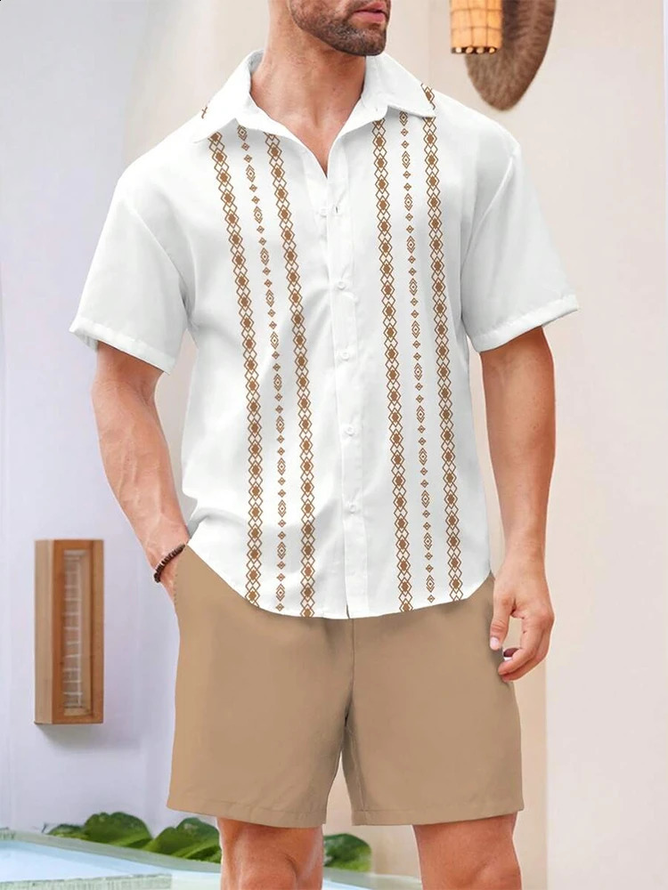 Retro ethnic striped printed mens short sleeved street fashion summer casual shirt and beach shorts set 240812