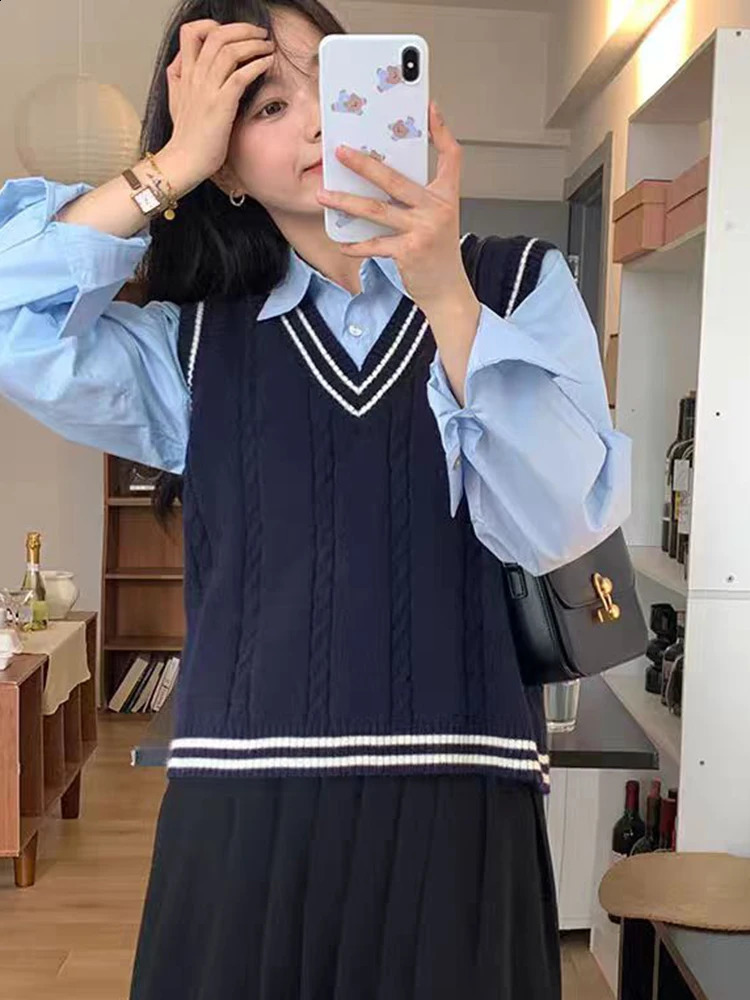 Jmprs Preppy Style Women Vest Sweaters Korean V Neck Striped Knitted Tops Fall Elegant Sweet Casual Female All Match Vest Coats 240812