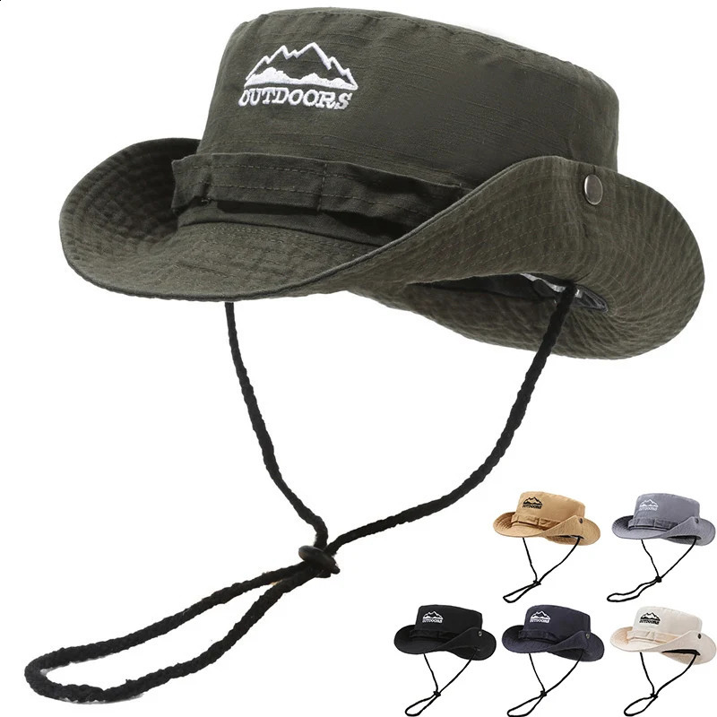 Outdoor mens bucket hat summer UV resistant line width Brim Panama hunting hiking letter embroidery fisherman beach sun 240812