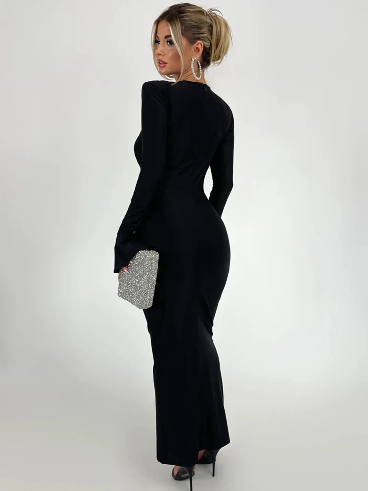 Townlike pleated ultrathin tight dress for women autumn winter nightclub sexy party elegant Maxi long Vestitos 240809