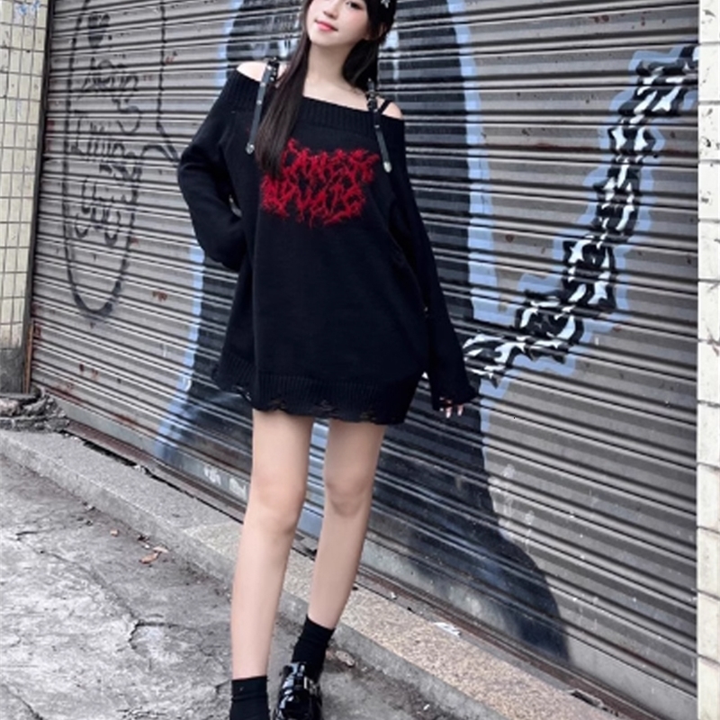 Womens Black Gothic Pullover Knitted Sweater Harajuku Korean Y2k Long Sleeves Jumper Sweaters Vintage 2000s Clothes Autumn 240812