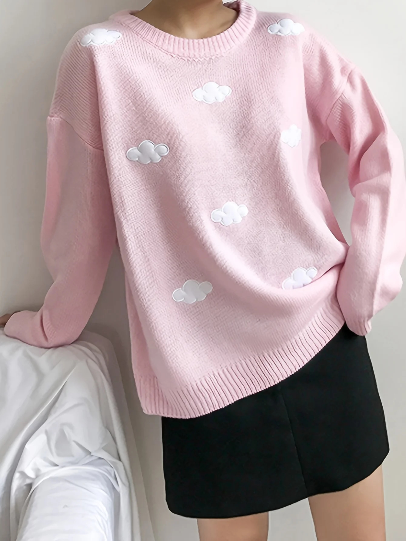 Womens Cute Cloud Embroidered Pullover Knit Sweater Winter Kawaii Preppy Style Crew Neck Knit Sweaters for Female 240812