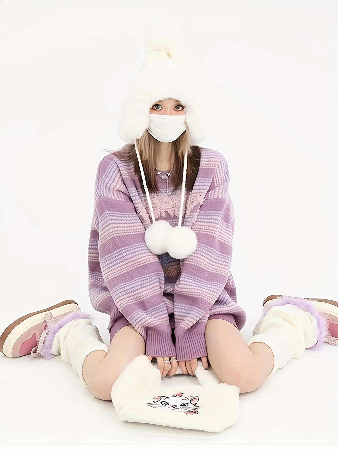 Womens Kawaii Preppy Style Contrast Letter Embroidered Striped Knit Pullover Sweaters Winter Outwear 240812