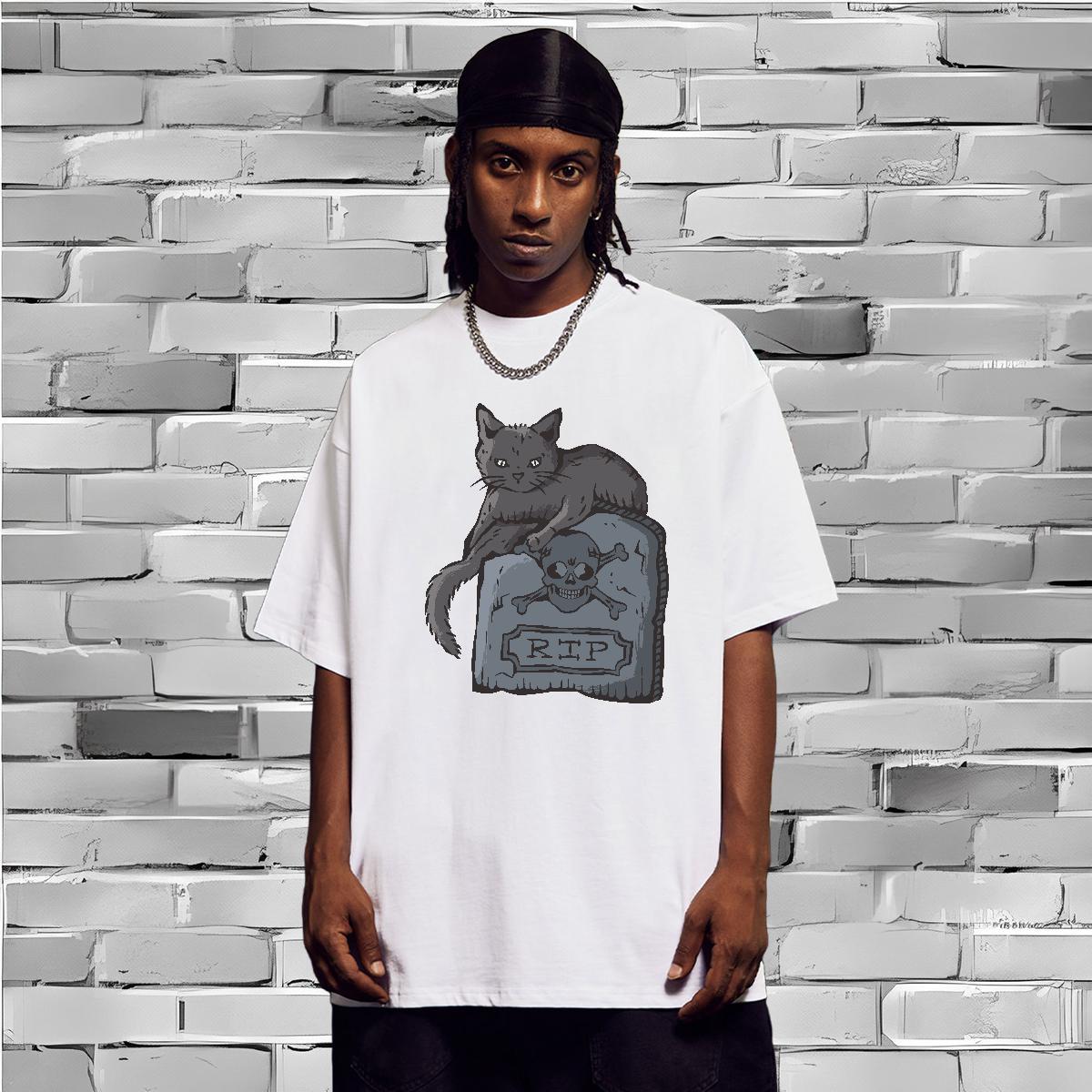 Popular T-Shirts for Men cat Short Sleeve Soft Home Outdoor Skull 230g Cotton Tshirt for Man Woman Fashion Design Clothings