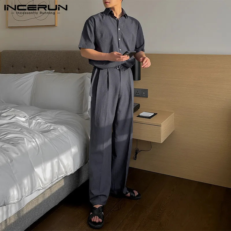 Handsome Men Sets INCERUN 2024 Solid Short Sleeved Shirts Long Pants Casual Streetwear Male Selling Two-piece Sets S-5XL 240813