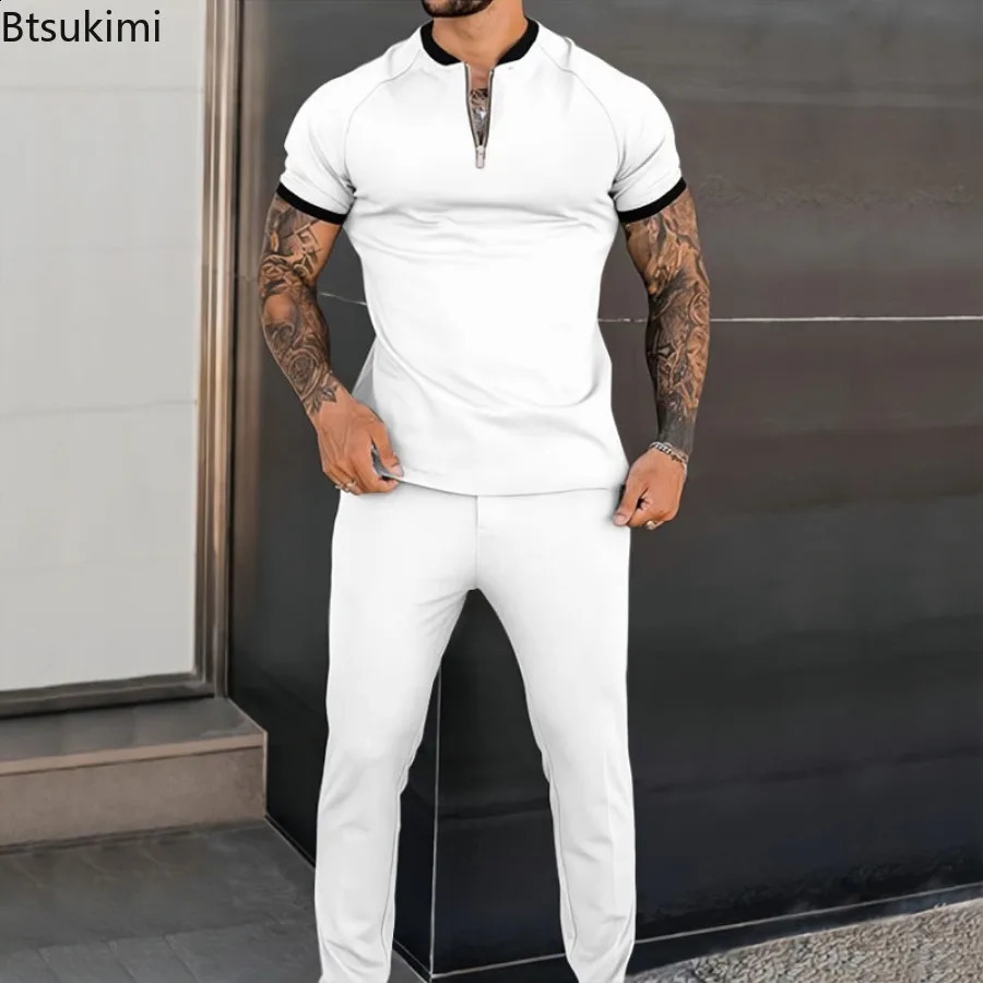 2024 Trend Mens Sport Suit Short Sleeve Half Zip Stand Collar PulloverPants Two Pieces Fashion Solid Casual Slim Male Sets 240813