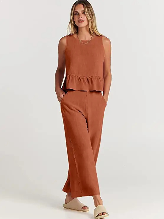 2024 Summer Two Piece Set Women Casual Sleeveless Pleated Pants Sets Wide-leg Loose Clothes 2 Piece Sets O Neck Trouser Suits 240813