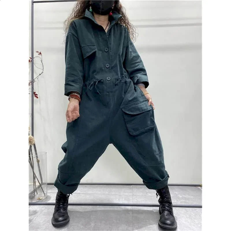 Oversize Jumpsuits Women Long Sleeve One Piece Outfit Women Cotton Linen Playsuit High Waist Pants Overalls for Women Clothes 240813