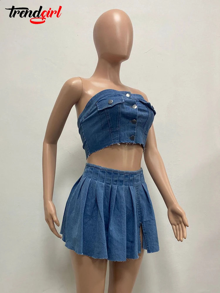 TrendElegant Blue Denim Two 2 Piece Sets Women Sleeveless Tube Strapless Tops and Mini Pleated Skirt Birthday Jean Outfits 240812