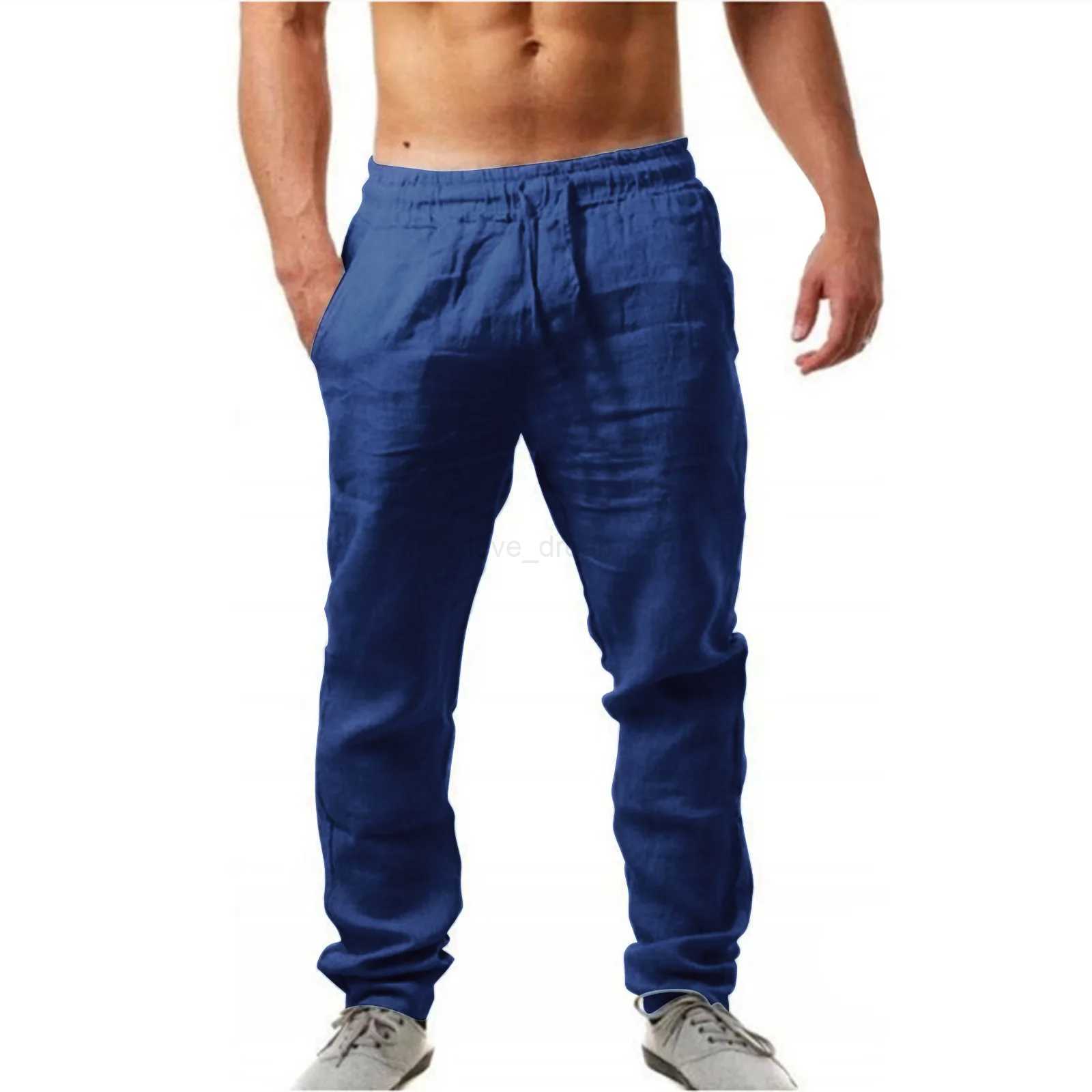 Pants Men Cotton Linen Trousers Joggers Casual Solid Elastic Waist Straight Loose Sports Running Pants Plus Size Mens ClothingXJ240813