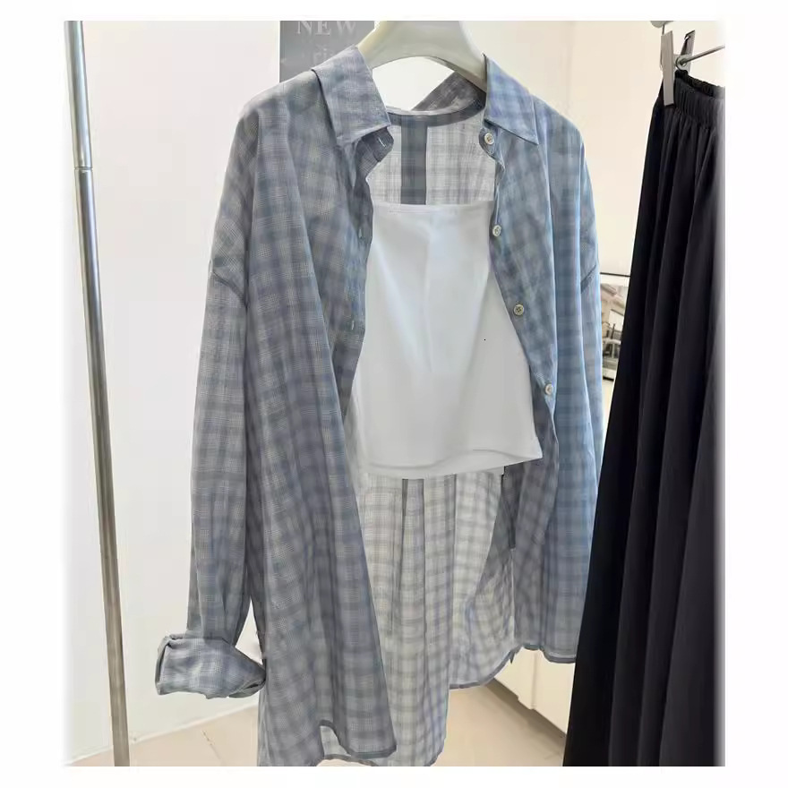 Fat girl plus size slightly chubby thi long sleeved blue checkered women s summer loose sun protection shirt cover up shirt