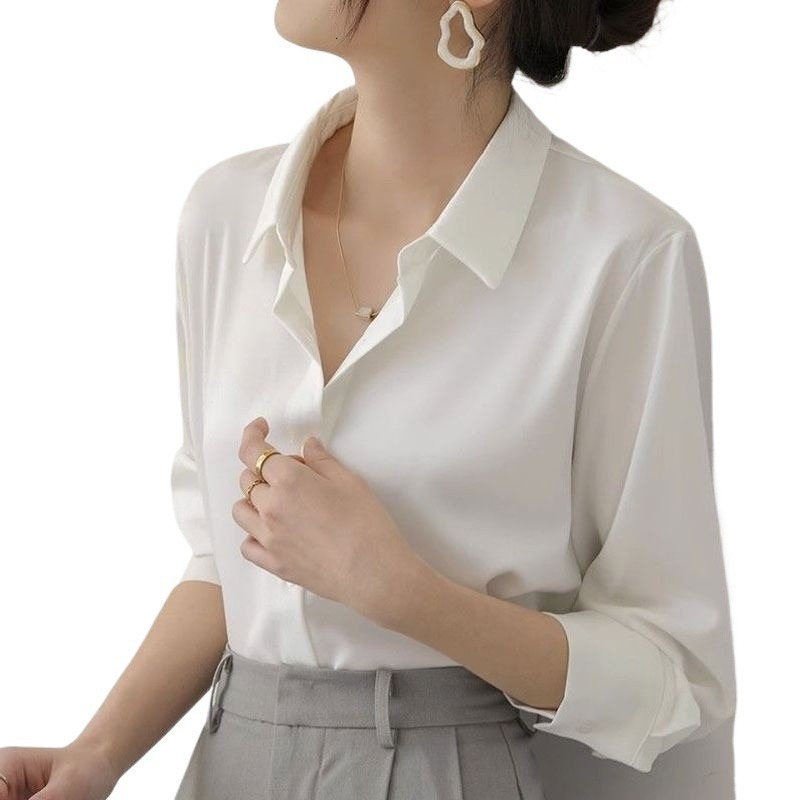 French white for women 2024 spring and autumn new wrinkle resistant satin shirt temperament long sleeved chiffon interior