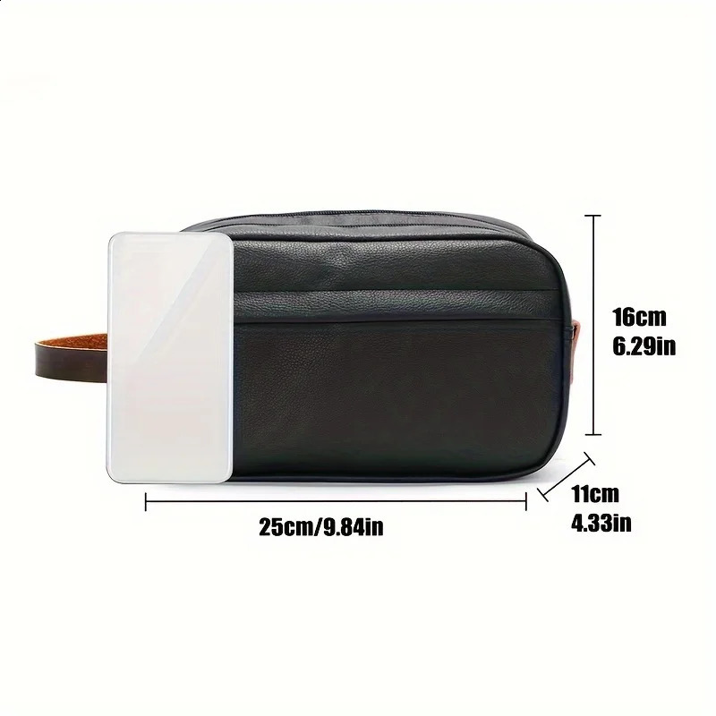 Black retro mens handbag portable travel toilet storage bag double zipper waterproof casual clutch bag 240812