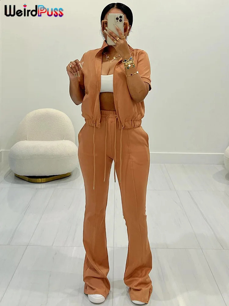 Weird Puss Women Tracksuit Two Piece Set Casual Zip Solid Short Sleeve Waistband TopsFlare Pants Matching Streetwear Outfits 240813