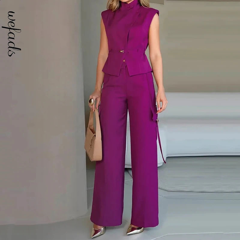Wefads Two Piece Set Summer Women Elegant Solid Sleeveless Nipped Waist Lapel Top Loose Wide Legs Cargo Pants Sets Streetwear 240813