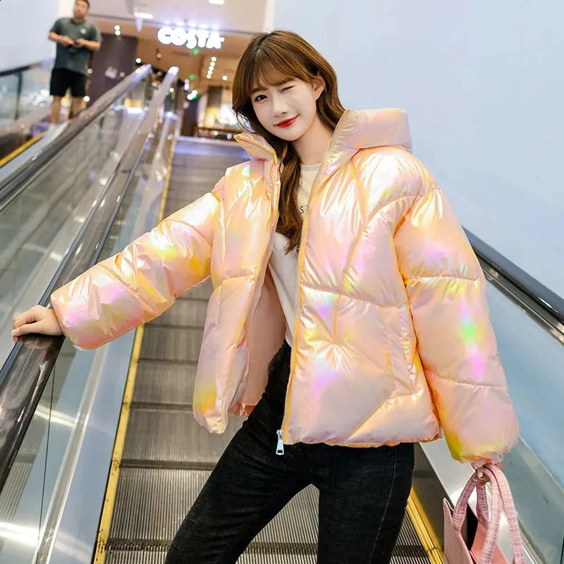 Women Parkas 2024 Fashion Winter Jacket Glossy Down Cotton Padded Parka Outwear Hooded Solid Female Jacket Snow Wear Coat 240813