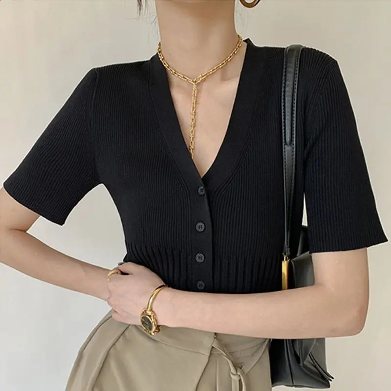 Deeptown Vneck womens knitted cardigan wool sweater short sleeved Basis spring Korean fashion elegant old style office ladies 240812