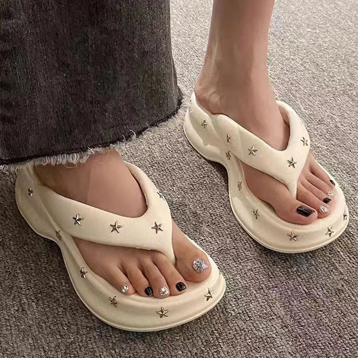 Punk Star Rivet Flip Flops Women Summer Indoor Platform Anti Slip Slippers Y2k Female Outdoor Beach Slippers Ladies Sandals 240809