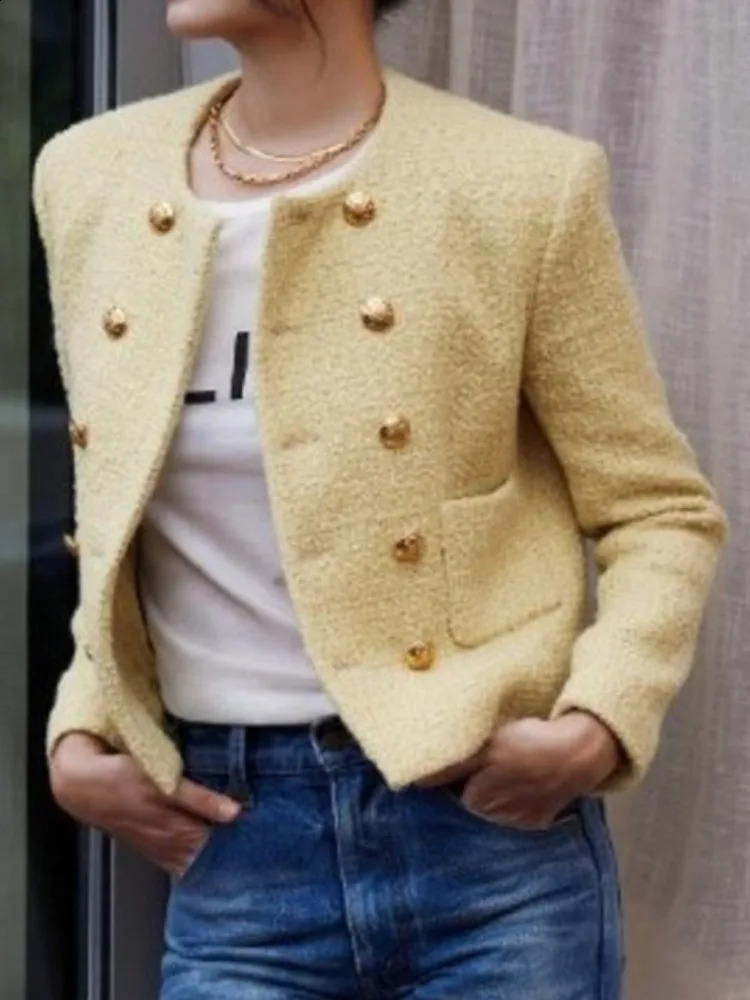 UCXQ Korean Style O Neck Double Breasted Coarse Tweed Short Jacket Elegant Yellow All Match Coat Women Spring Autumn 3A7801 240812