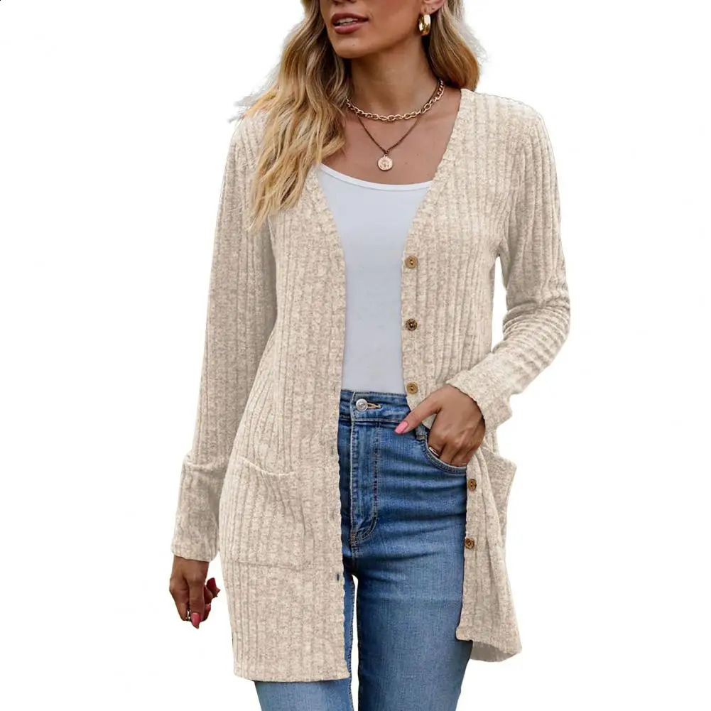 Women Cardigan Knitted Single-breasted Long Sleeve Fall Coat Solid Color Elastic Pockets Mid Length Knitwaer Womens Clothing 240813