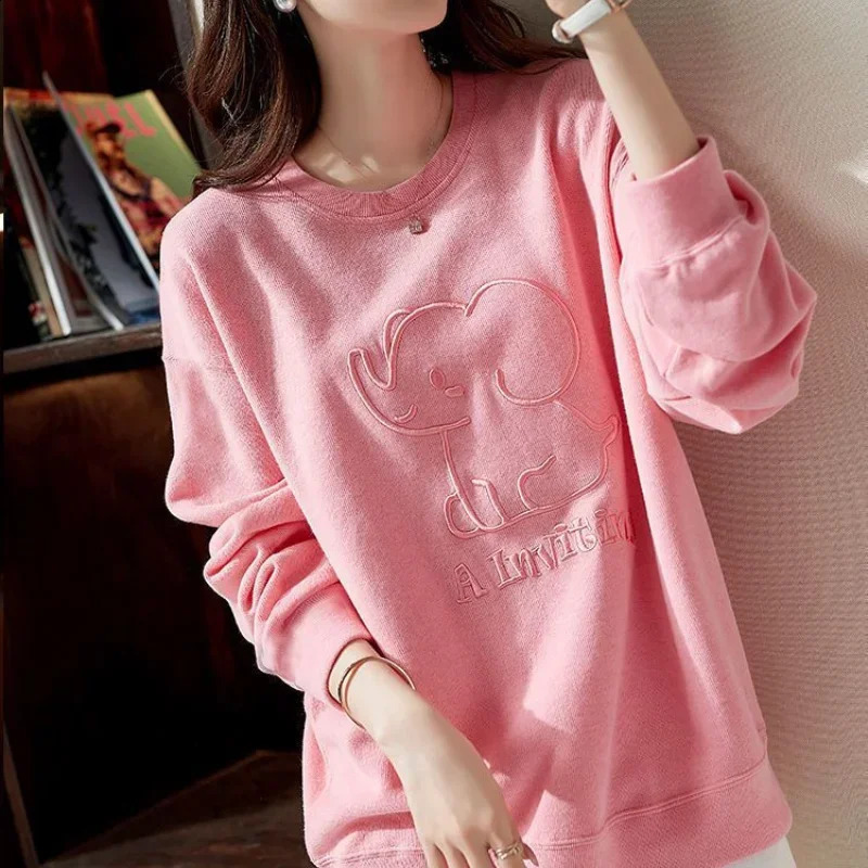 Autumn and Winter Round Neck Sweater Embroidered Korean Version Casual Fashion Loose Versatile Leisure Female Tops 240812