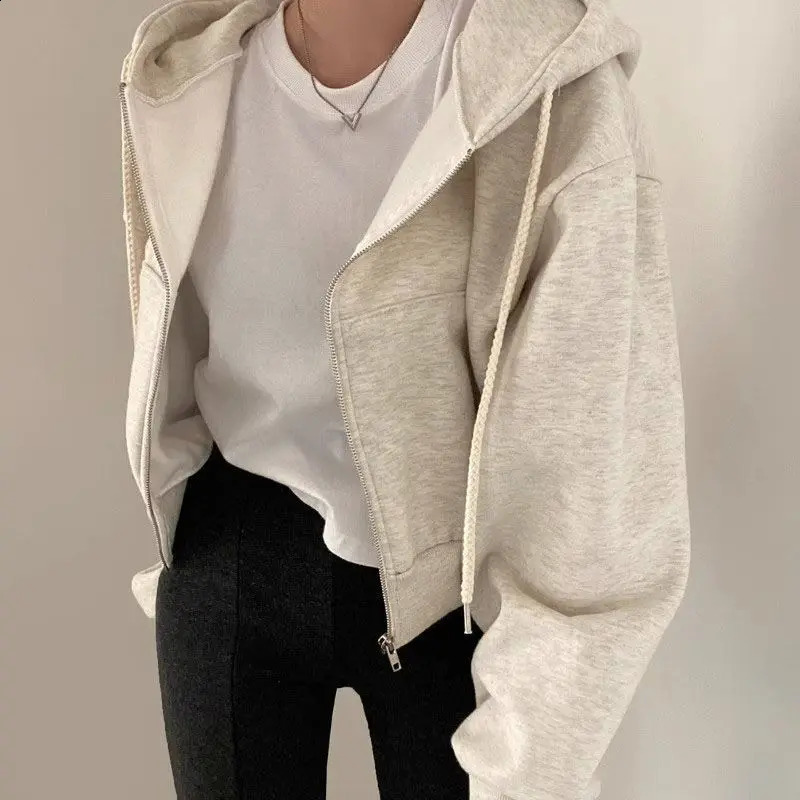 QWEEK Korean Fashion Autumn Cropped Hoodie Women Short Warm Zipper Jacket Retro Hooded Zip-up Oversize Sweatshirt Casual Female 240812